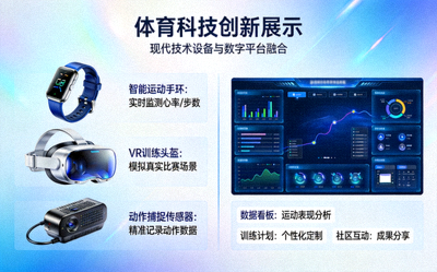 体育科技创新展示 - 现代体育技术设备与数字平台界面